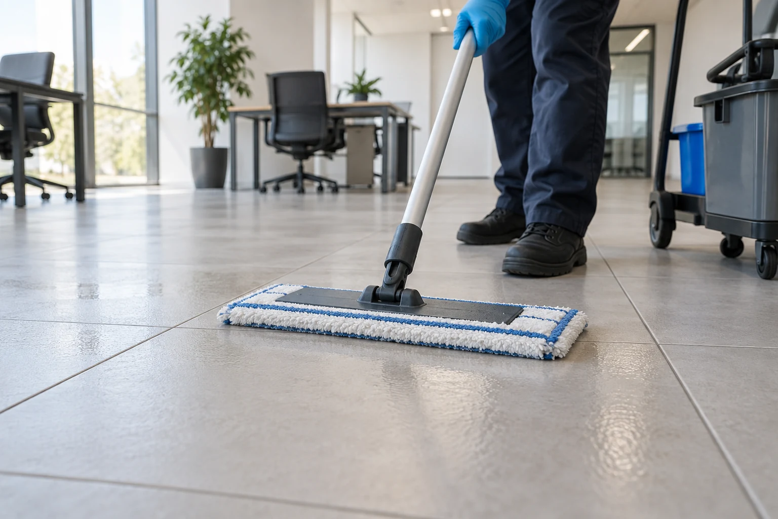 Pano de microfibra úmido em contato com piso de porcelanato e juntas visíveis.