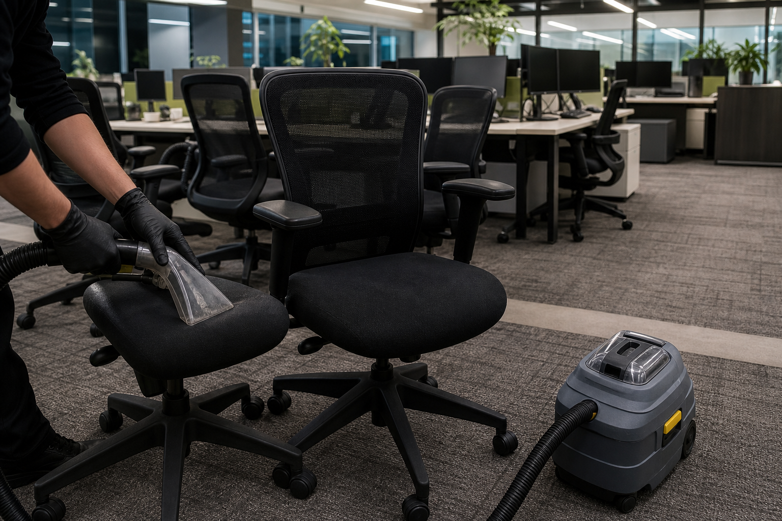 Lote de cadeiras ergonômicas de escritório com rodinhas em higienização profissional no open office de uma empresa