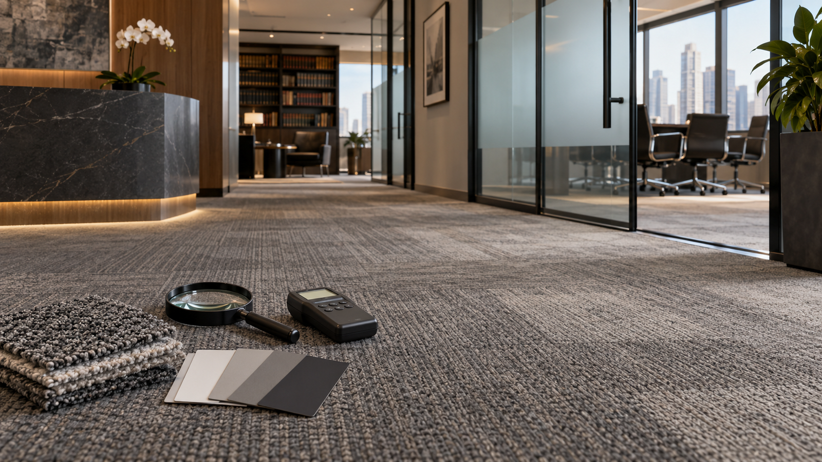 Carpete modular em escritório de advocacia com elementos de avaliação técnica