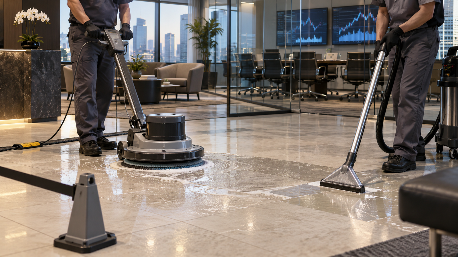 Tratamento técnico de piso em corretora com máquina rotativa e extração controlada