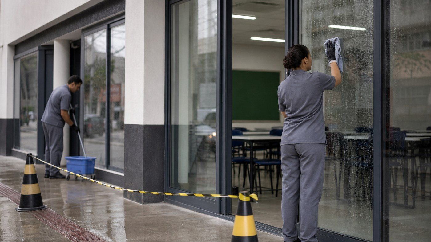 Fachada de escola e curso: entrada limpa, segurança visual e rotina fora do pico