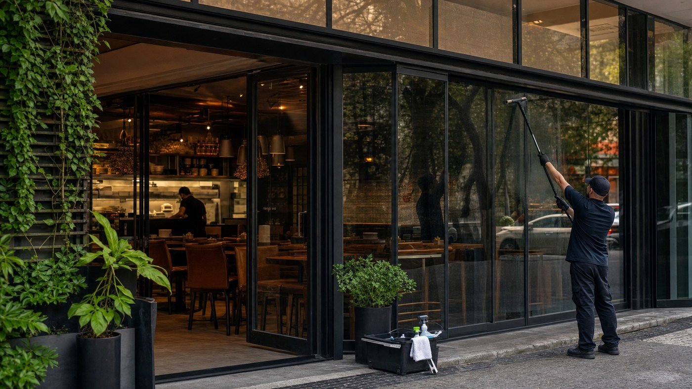 Fachada de restaurante térreo: gordura, marcas no vidro e primeira impressão do salão
