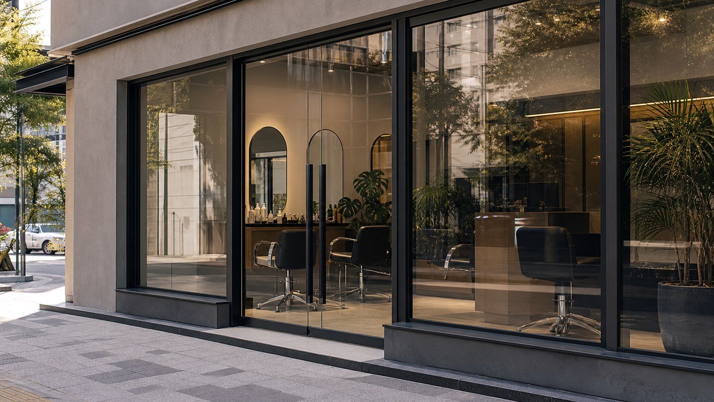 Fachada de salão de beleza: vitrine, alumínio e aparência de cuidado antes do atendimento