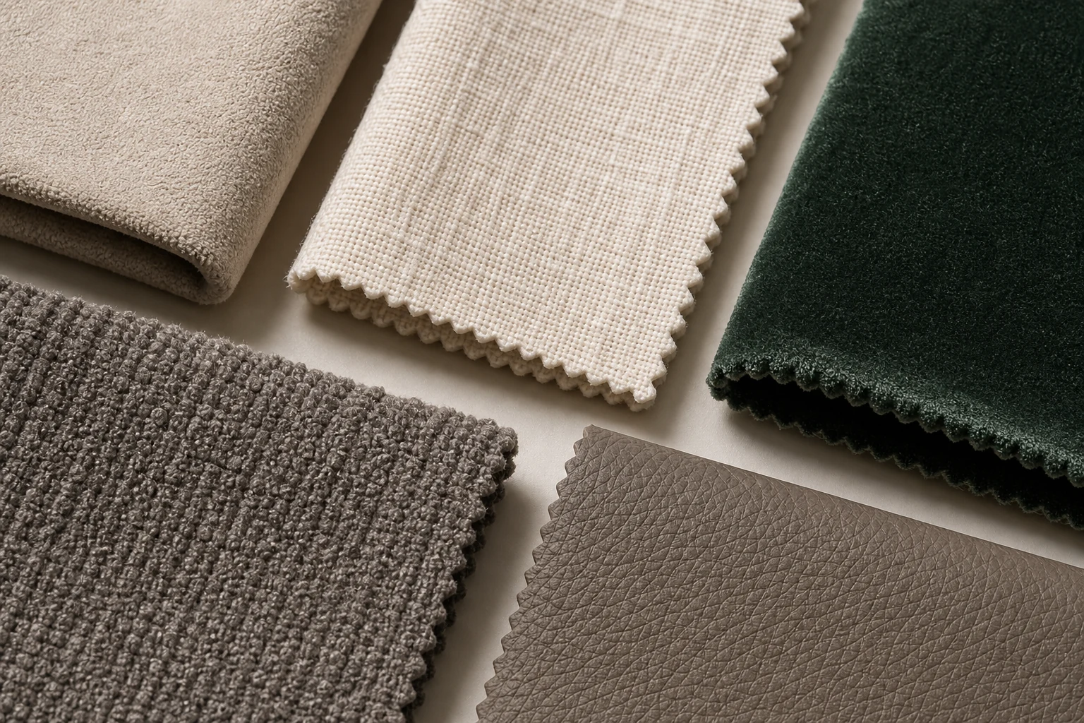 Amostras de tecidos de sofá com diferentes tramas, texturas e níveis de absorção