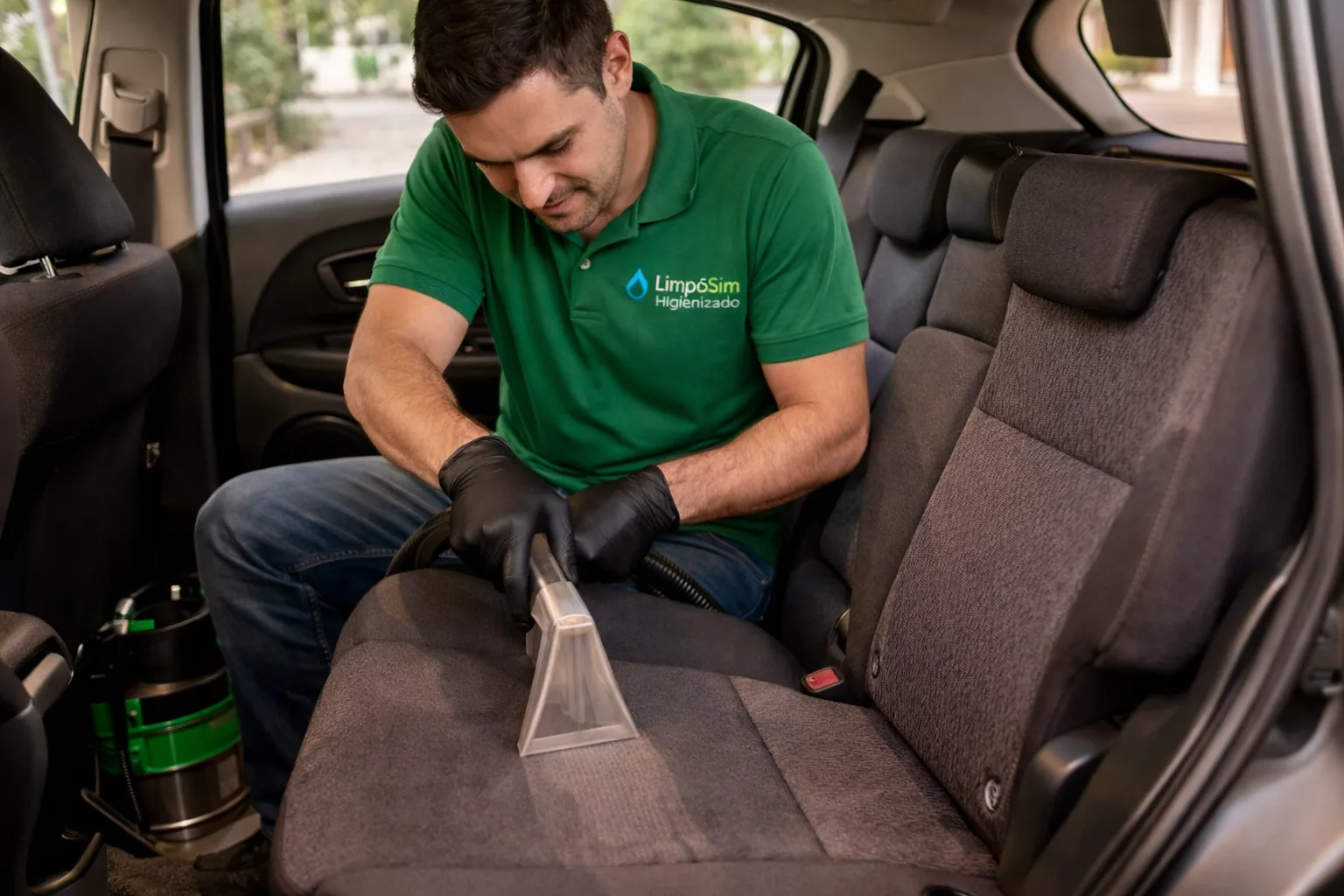 Técnico LimpoSim higienizando banco de veículo com extratora profissional em São Paulo