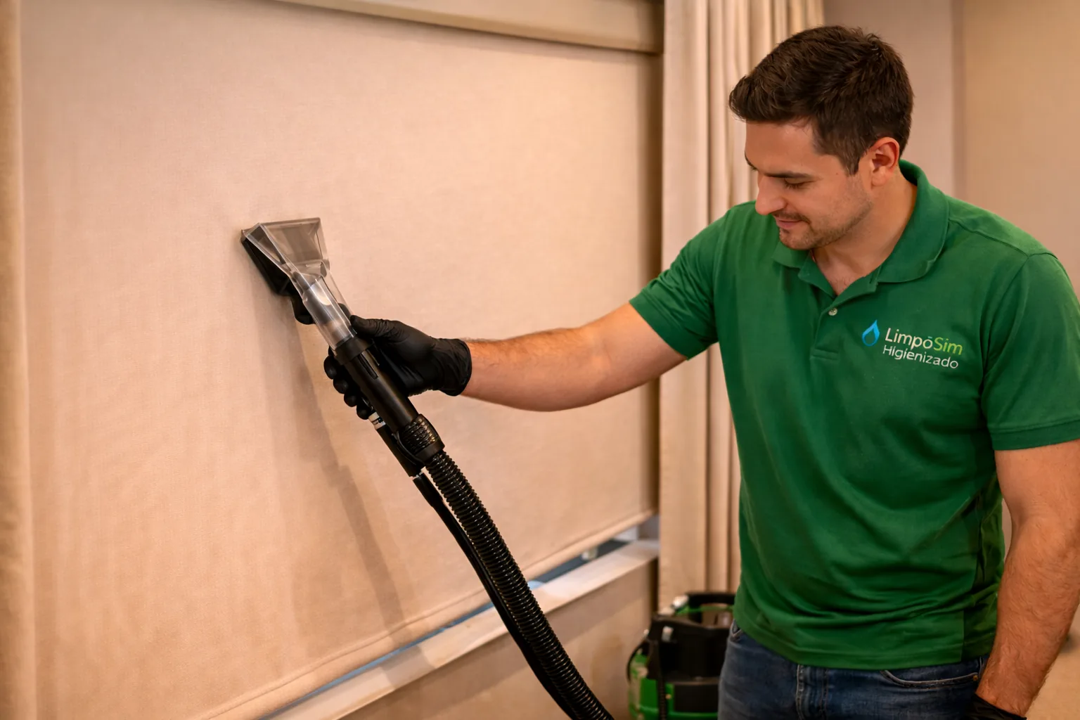 Técnico LimpoSim higienizando persiana com extratora profissional em residência em São Paulo
