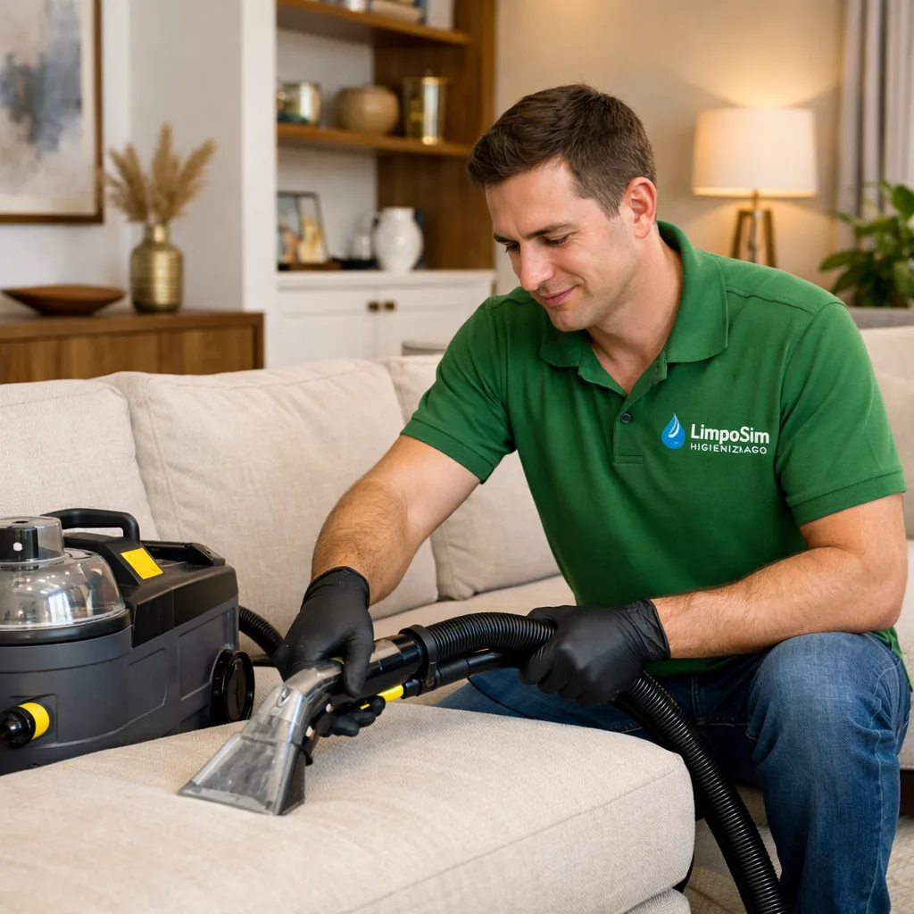 Técnico LimpoSim realizando higienização profissional de sofá com extratora industrial em São Paulo