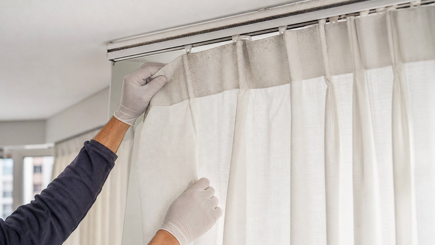 Lavagem de cortinas na Penha: tecido claro, trilho e poeira acumulada
