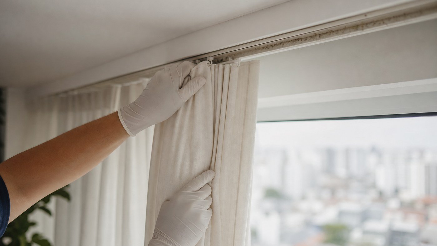 Lavagem de cortinas na Penha: tecido claro, trilho e poeira acumulada