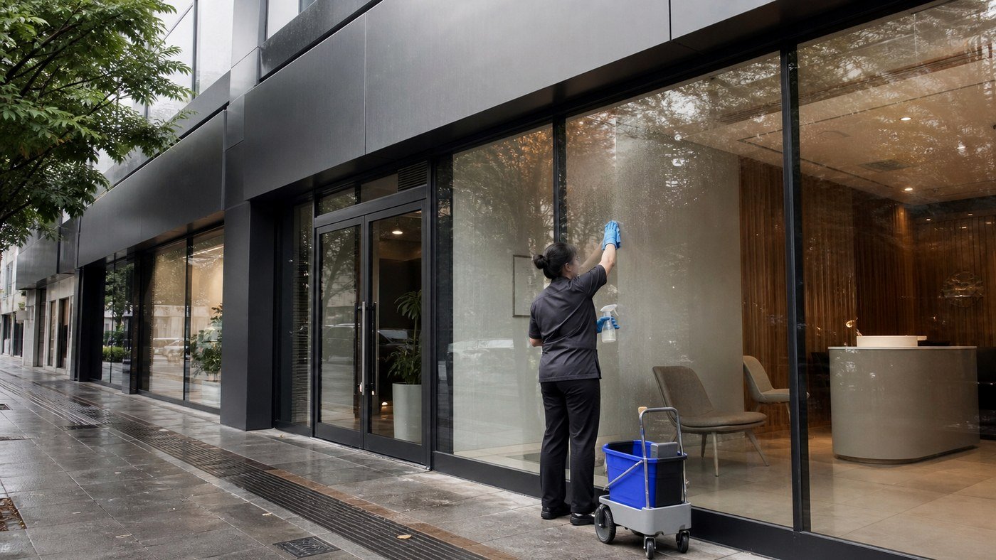 Limpeza de fachada de loja térrea: vitrine, alumínio e primeira impressão - LimpoSim Higienização em São Paulo
