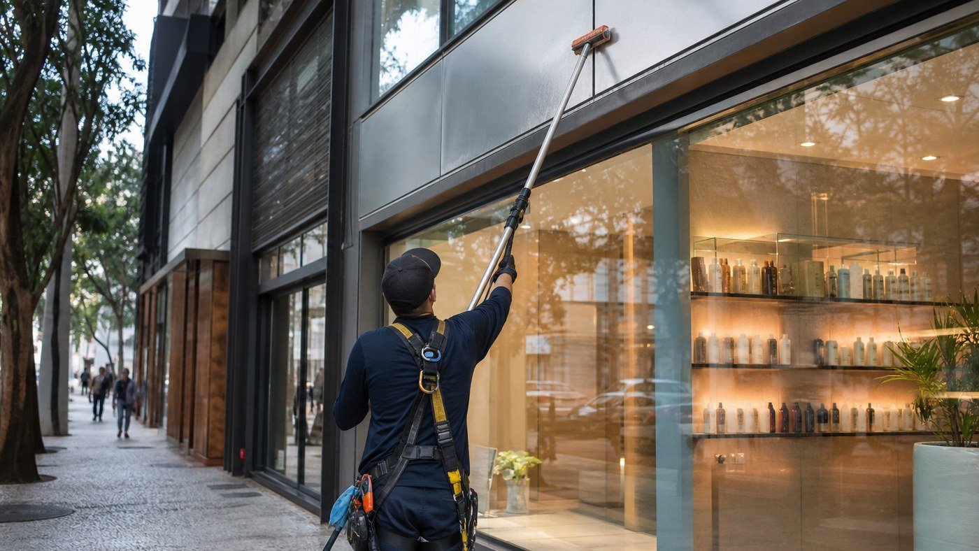 Limpeza de fachada de loja térrea: vitrine, alumínio e primeira impressão - LimpoSim Higienização em São Paulo