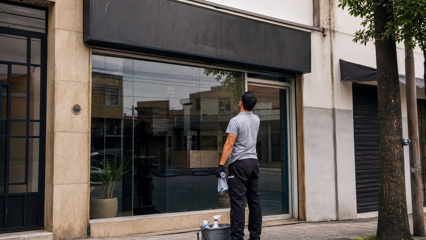 Limpeza de fachada na Vila Matilde: loja pequena, vitrine e placa com poeira urbana - LimpoSim Higienização em São Paulo
