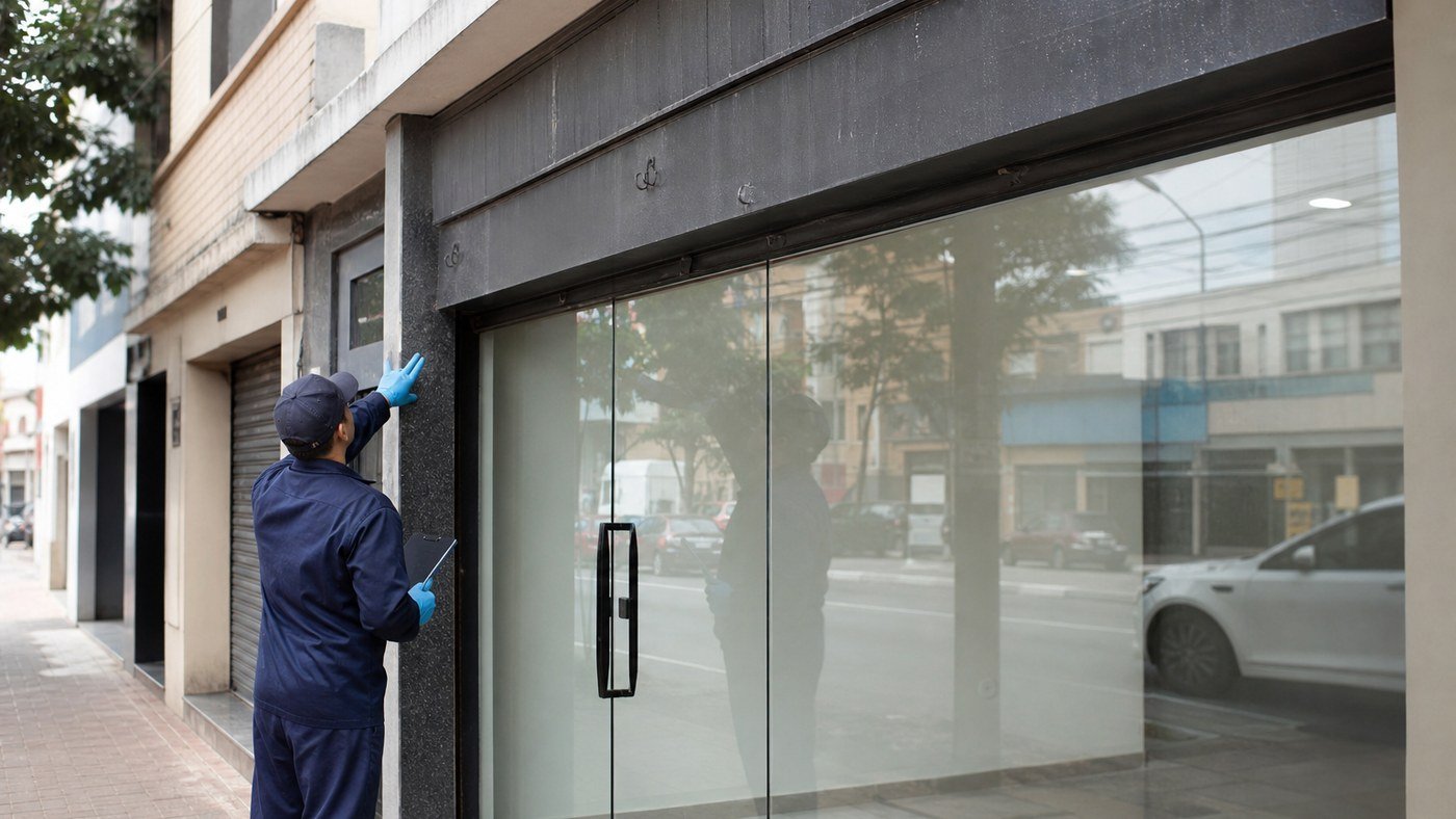 Limpeza de fachada na Vila Matilde: loja pequena, vitrine e placa com poeira urbana