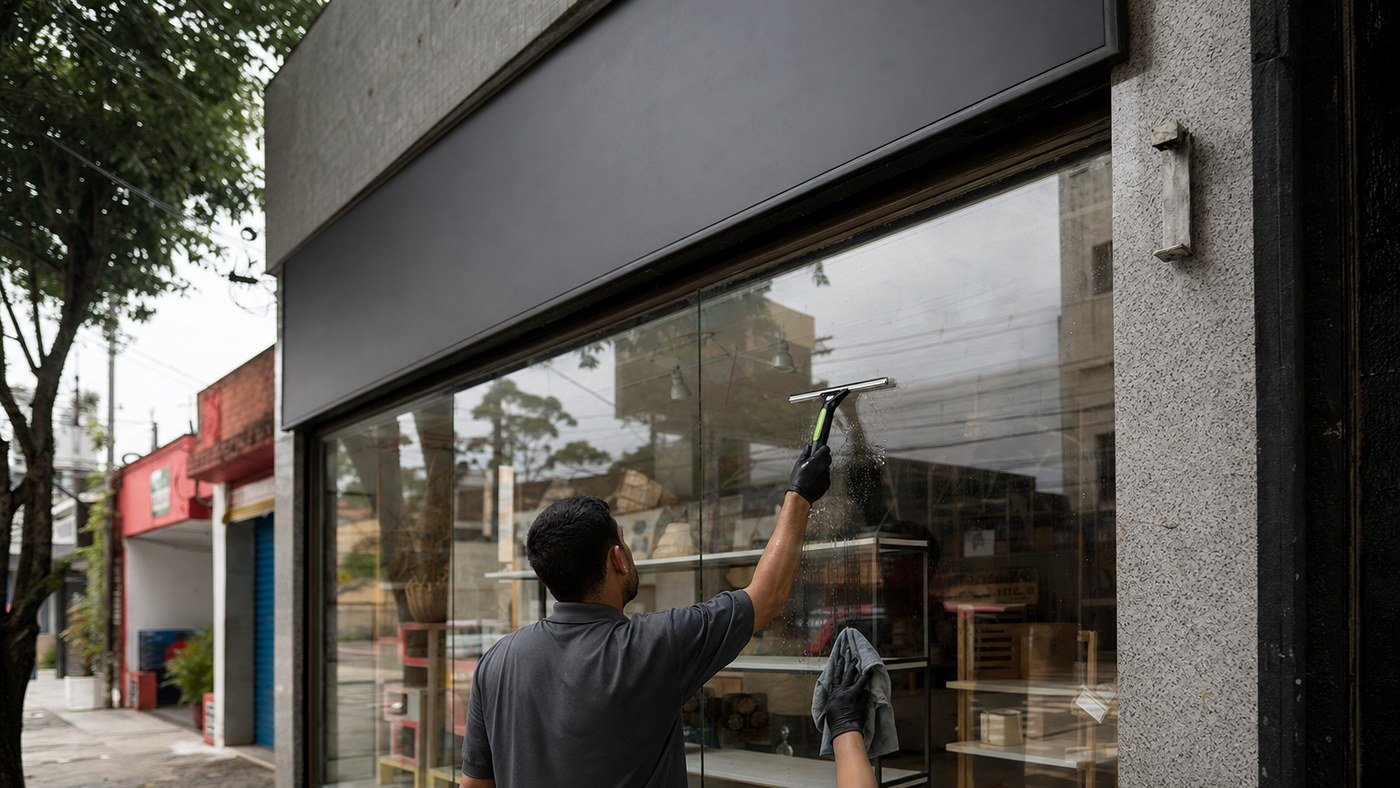 Limpeza de fachada na Vila Matilde: loja pequena, vitrine e placa com poeira urbana - LimpoSim Higienização em São Paulo