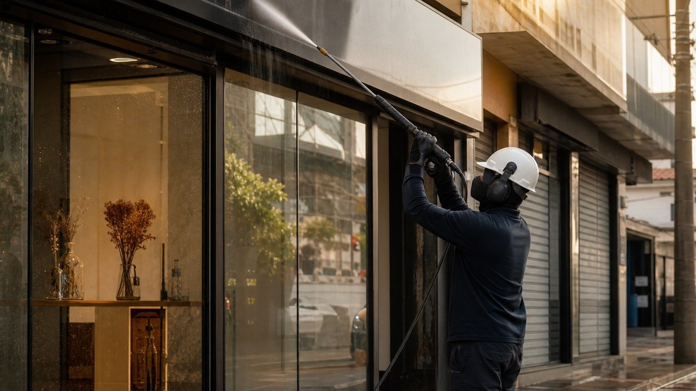 Limpeza de fachada na Vila Matilde: loja pequena, vitrine e placa com poeira urbana