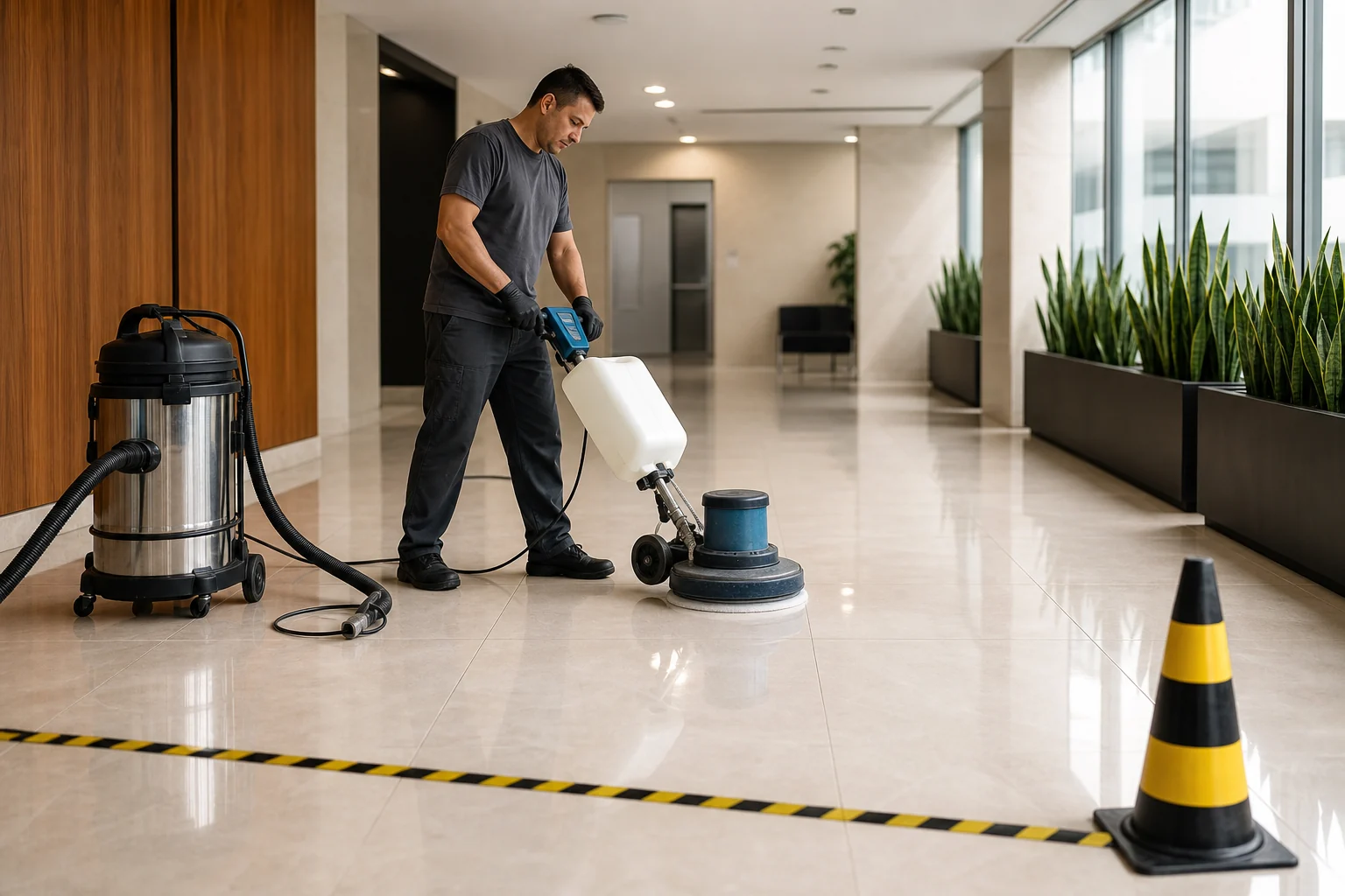 Técnico LimpoSim realizando limpeza e desencrustação de piso com máquina rotativa em São Paulo