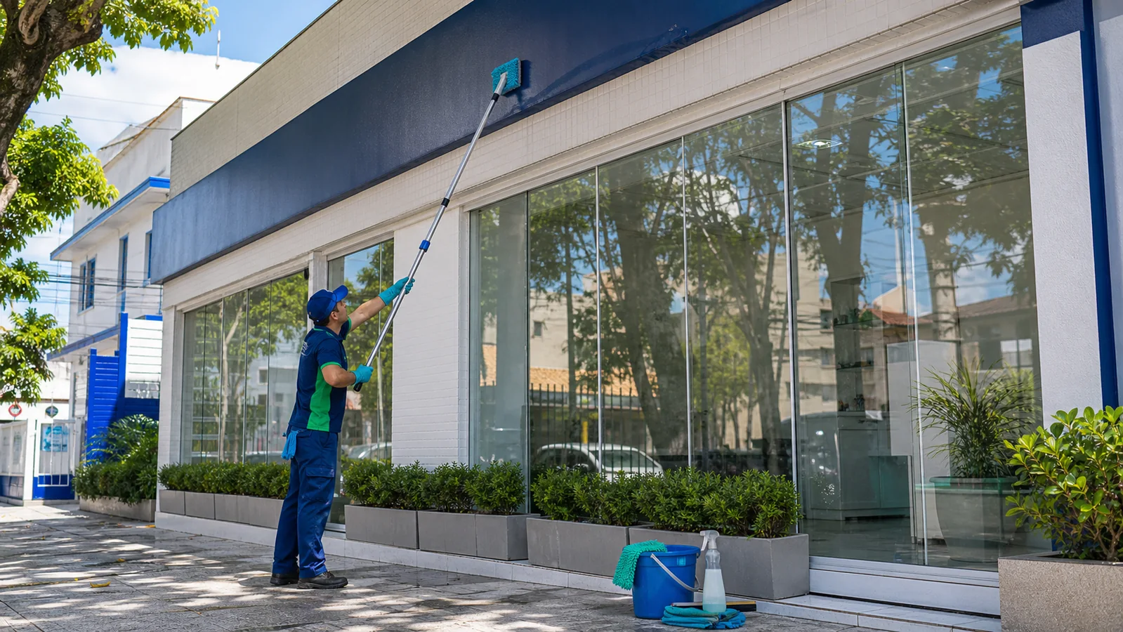 Técnico realizando limpeza de fachada térrea comercial em São Paulo