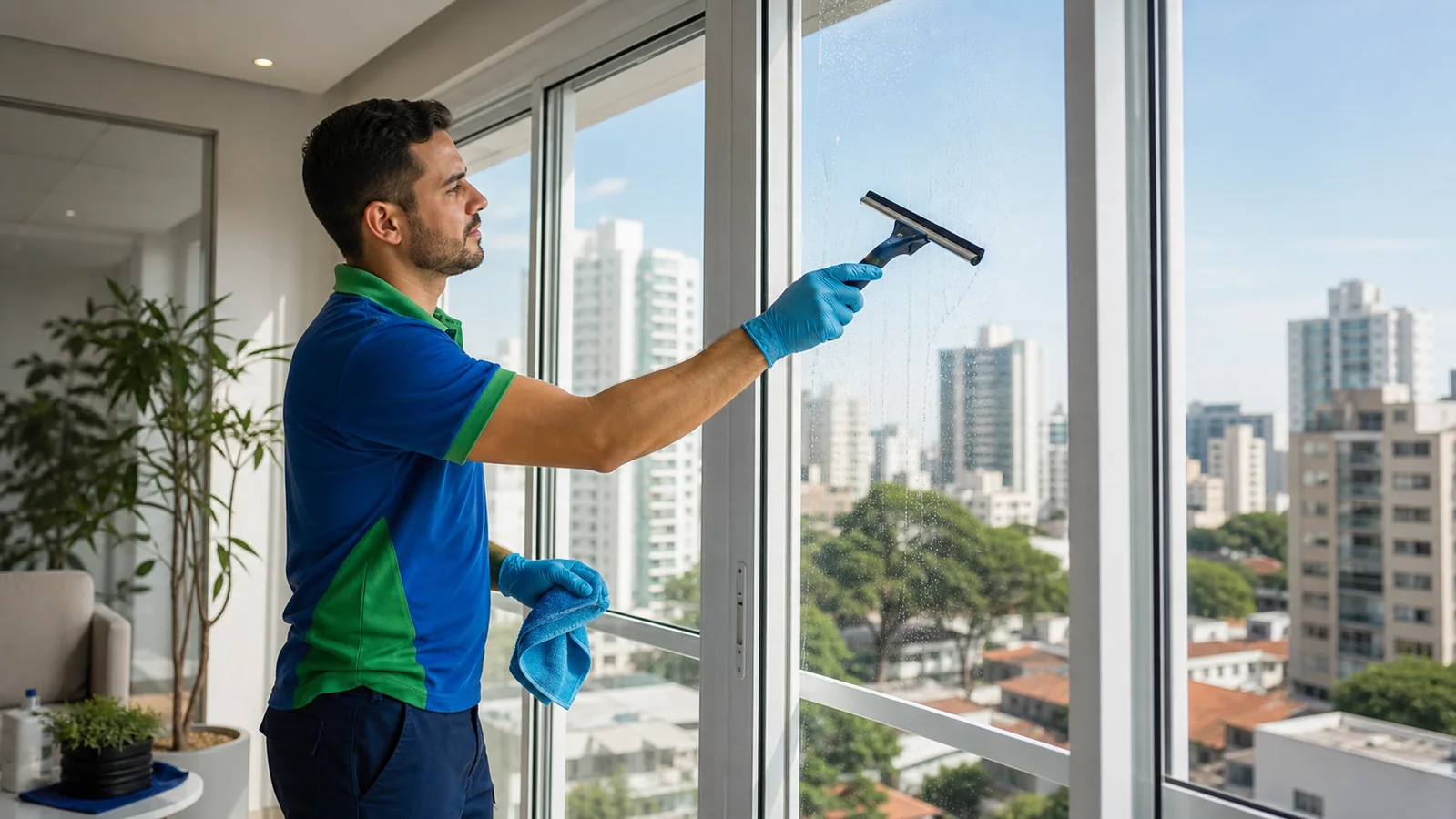 Técnico realizando limpeza de vidros em apartamento ou escritório em São Paulo