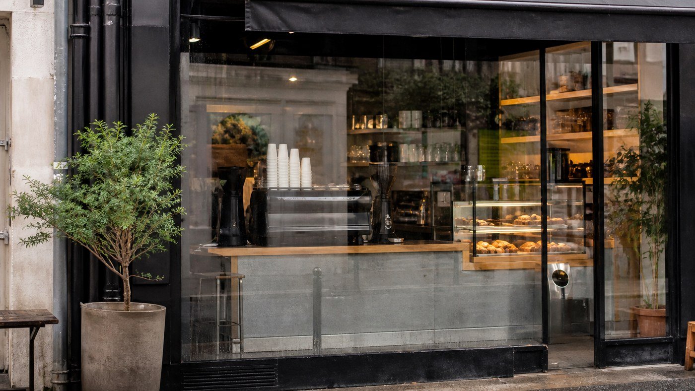 Fachada de cafeteria: vitrine, gordura urbana e primeira impressão no balcão - LimpoSim Higienização em São Paulo