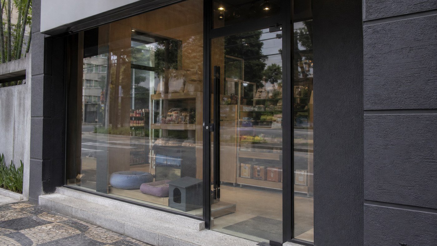 Fachada de pet shop: vidro, odores externos e cuidado visual para clientes - LimpoSim Higienização em São Paulo