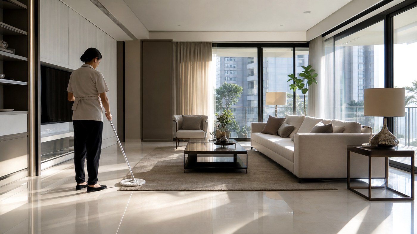 Piso polido em apartamento de alto padrão: reflexo, marcas e conservação antes da visita - LimpoSim Higienização em São Paulo