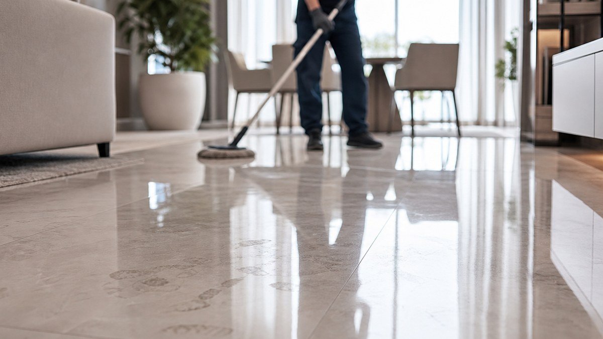 Detalhe contextual de piso polido com marcas e reflexo