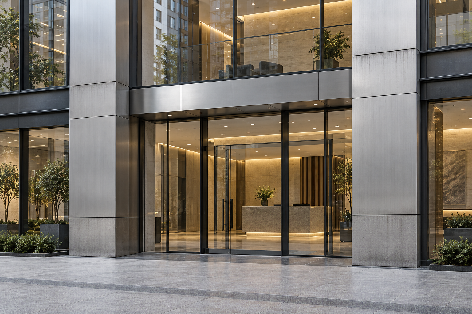Entrada de edifício corporativo com painéis metálicos, vidro e escorridos discretos no revestimento.