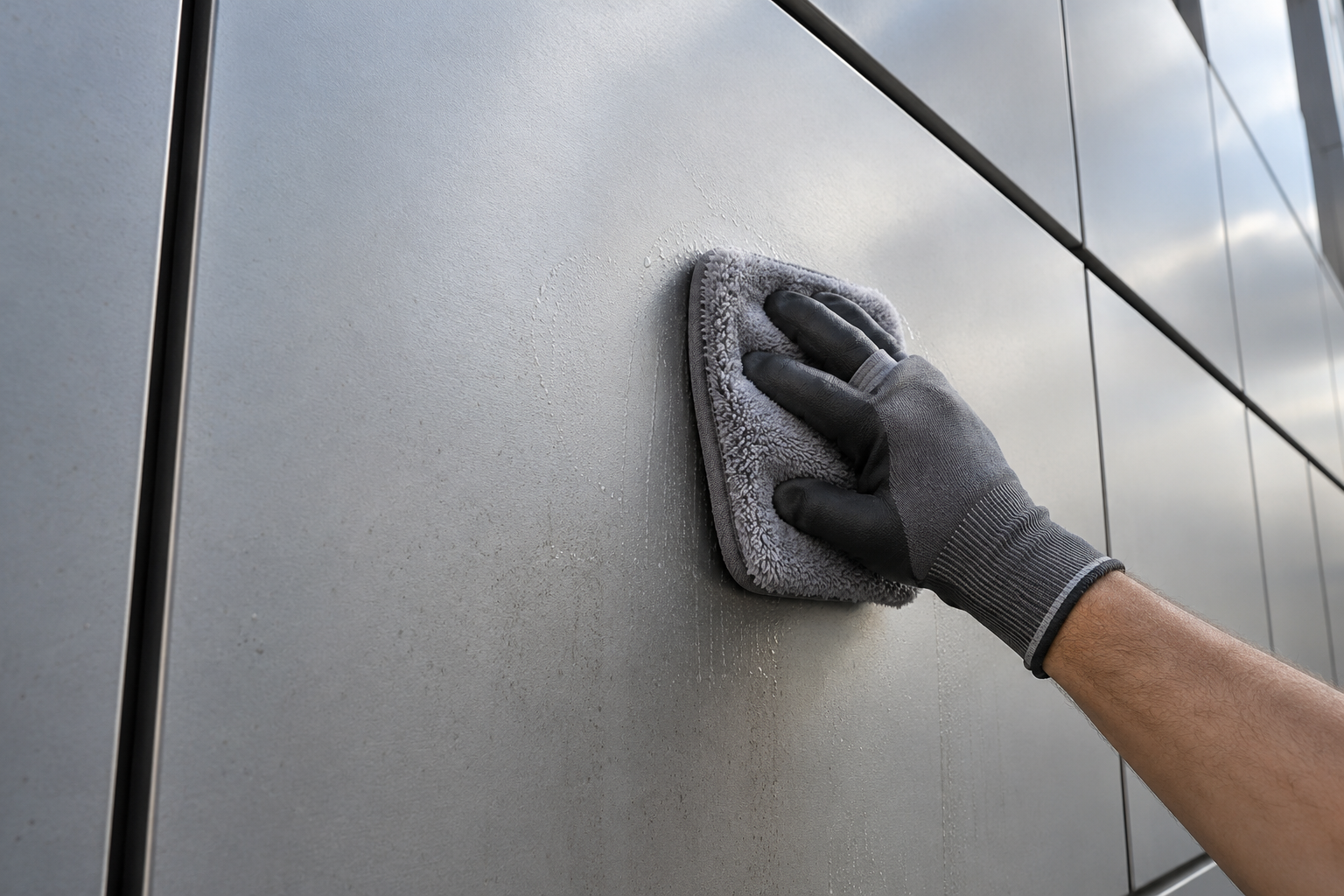 Mão enluvada aplica material macio sobre painel metálico da fachada, afastada das juntas.