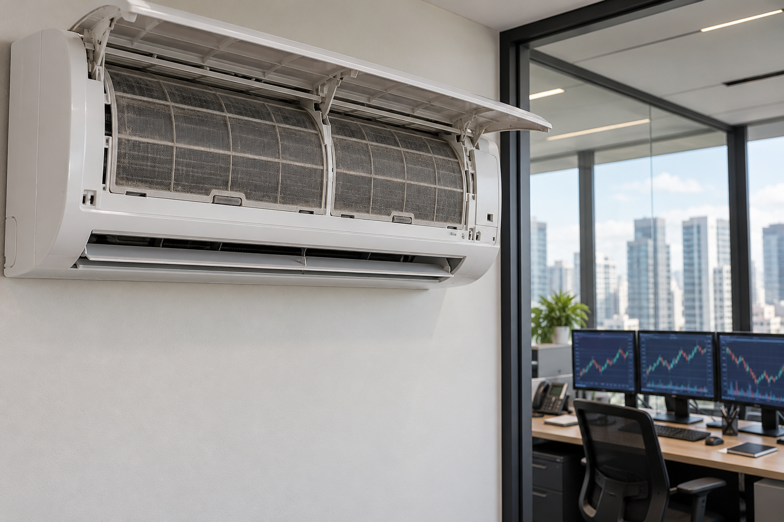 Split com tampa aberta e poeira nos filtros, ao lado de uma área de trabalho com monitores financeiros.
