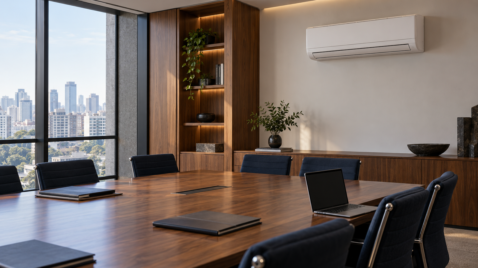 Ar-condicionado split instalado na parede de uma sala de reunião com mesa de madeira e pastas fechadas.