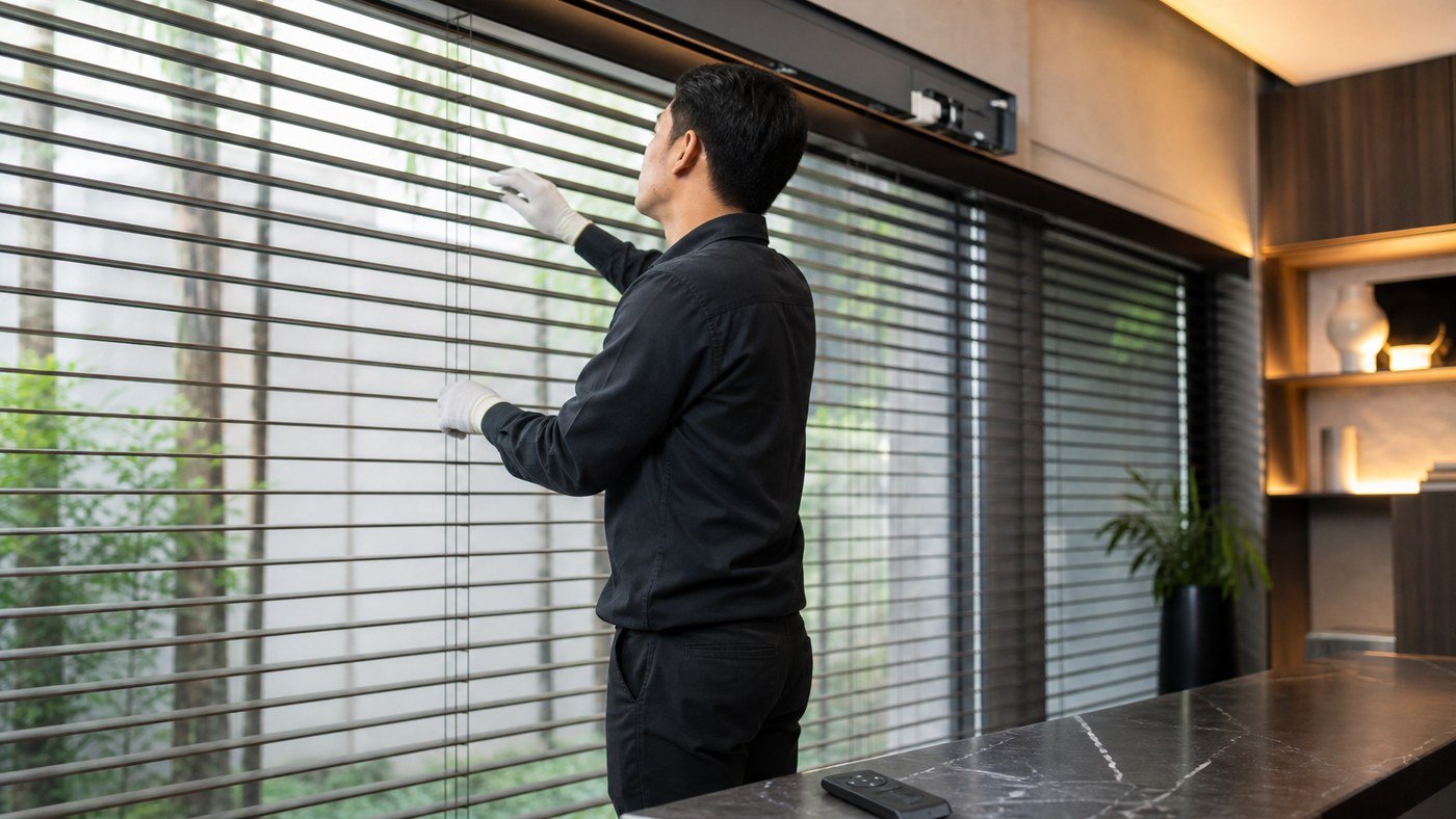 Persiana automatizada em ambiente planejado: limpeza sem comprometer trilho e acabamento