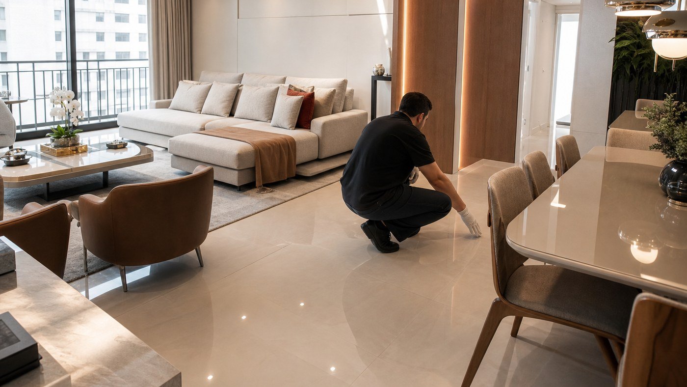 Porcelanato polido em apartamento decorado: brilho, marcas e limpeza pré-foto - LimpoSim Higienização em São Paulo