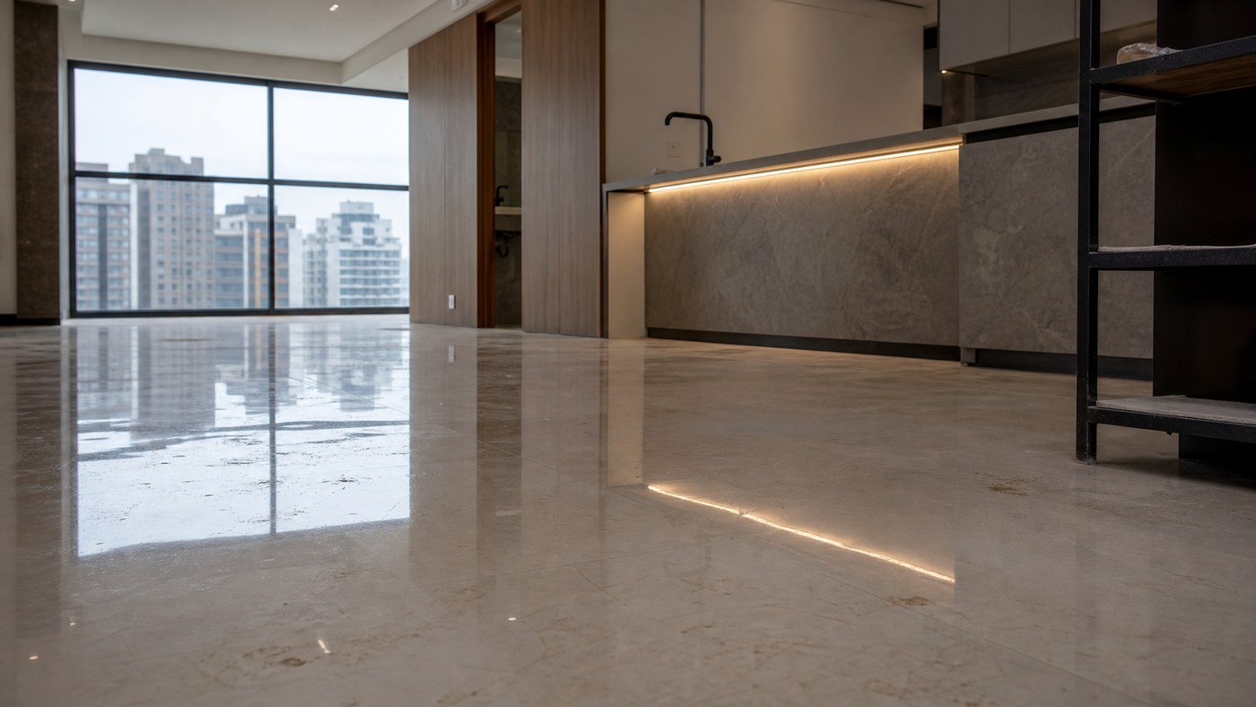 Porcelanato polido em apartamento decorado: brilho, marcas e limpeza pré-foto