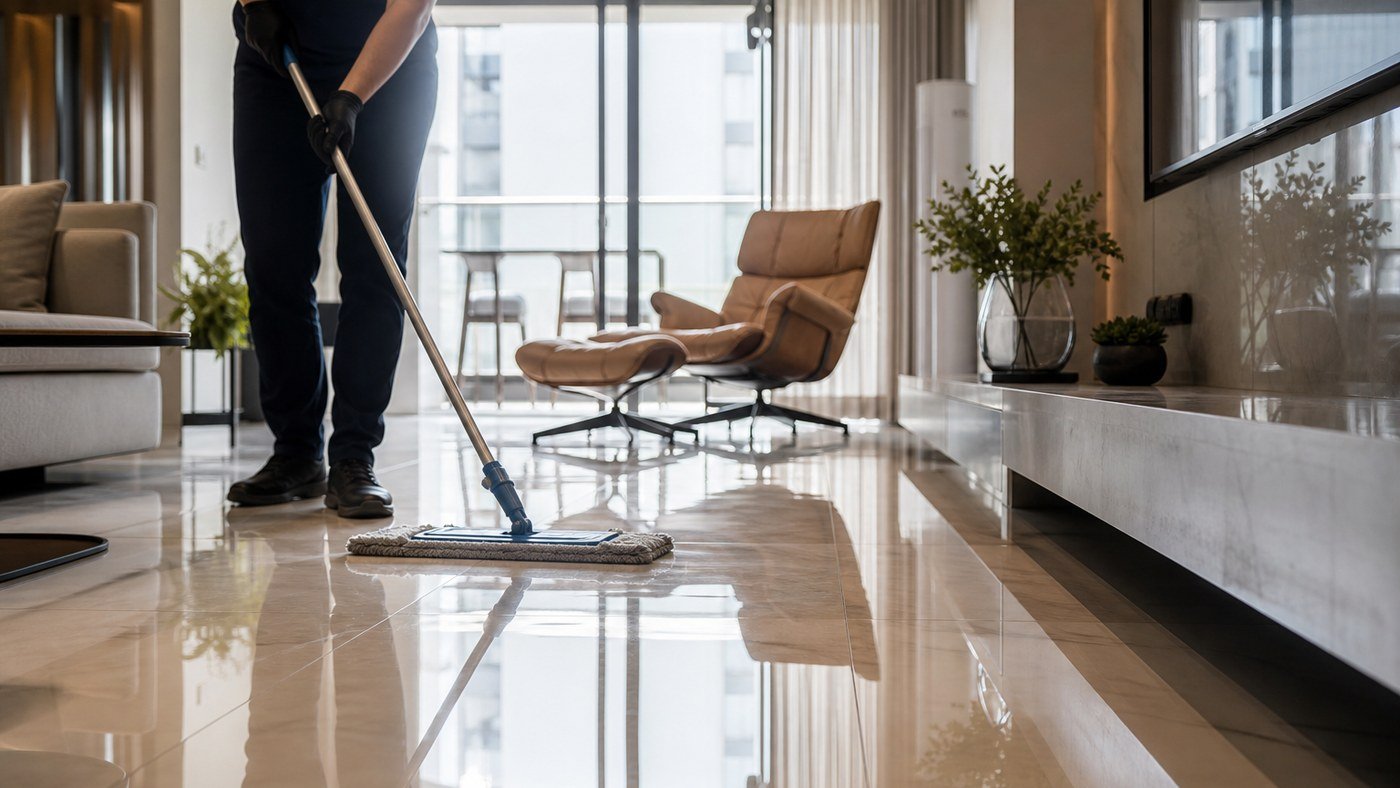 Porcelanato polido em apartamento decorado: brilho, marcas e limpeza pré-foto - LimpoSim Higienização em São Paulo