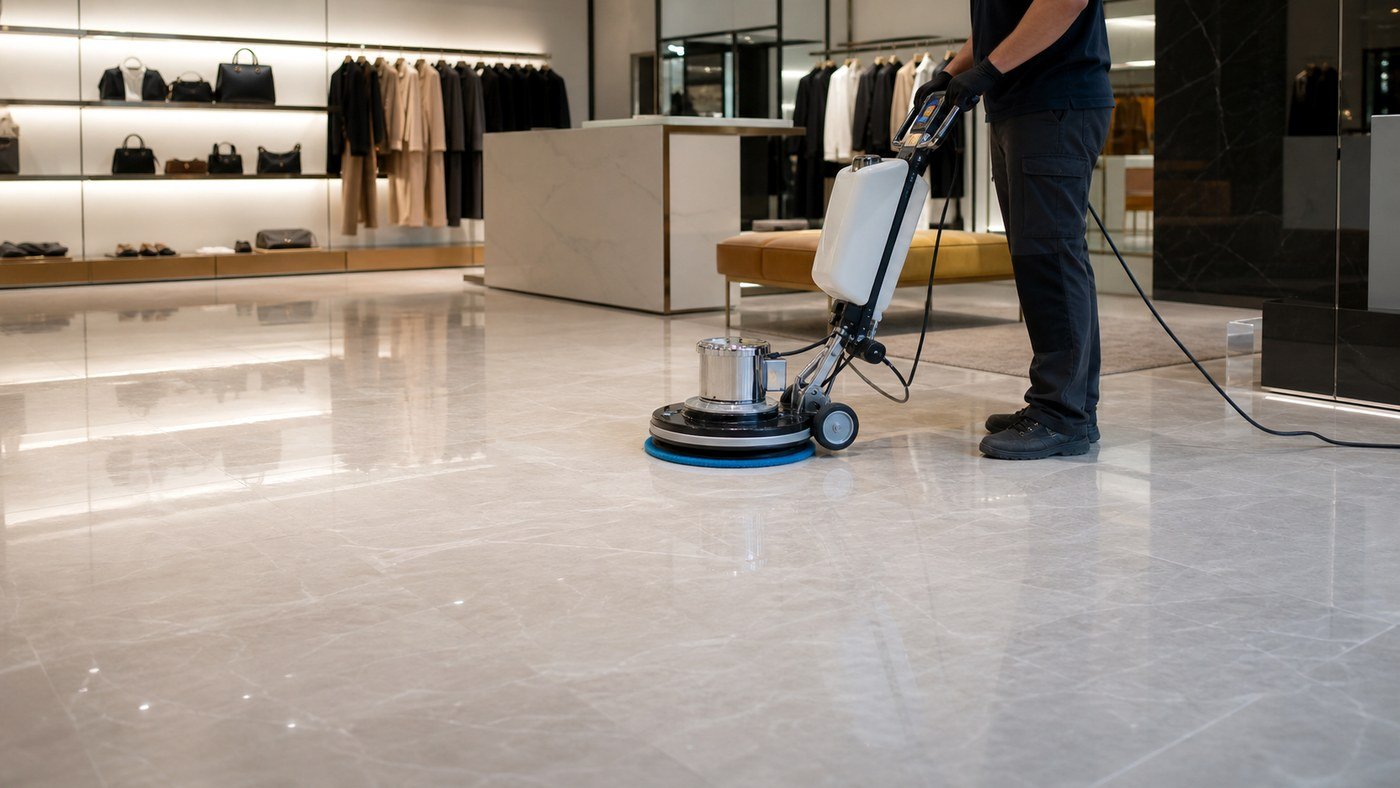 Porcelanato polido em loja ou showroom — marcas de tráfego e perda de brilho percebida pelo cliente