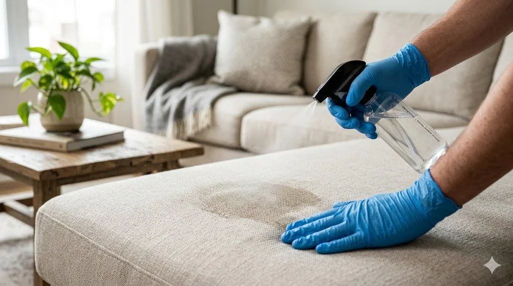 Mãos com luva azul aplicando solução enzimática transparente em mancha de urina canina sobre estofado claro durante higienização técnica em São Paulo