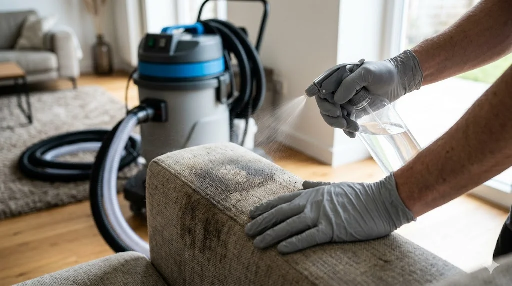 Mãos com luva de nitrilo aplicando blend de proteases e lipases sobre apoio de braço de sofá impregnado com sebo durante higienização técnica em São Paulo