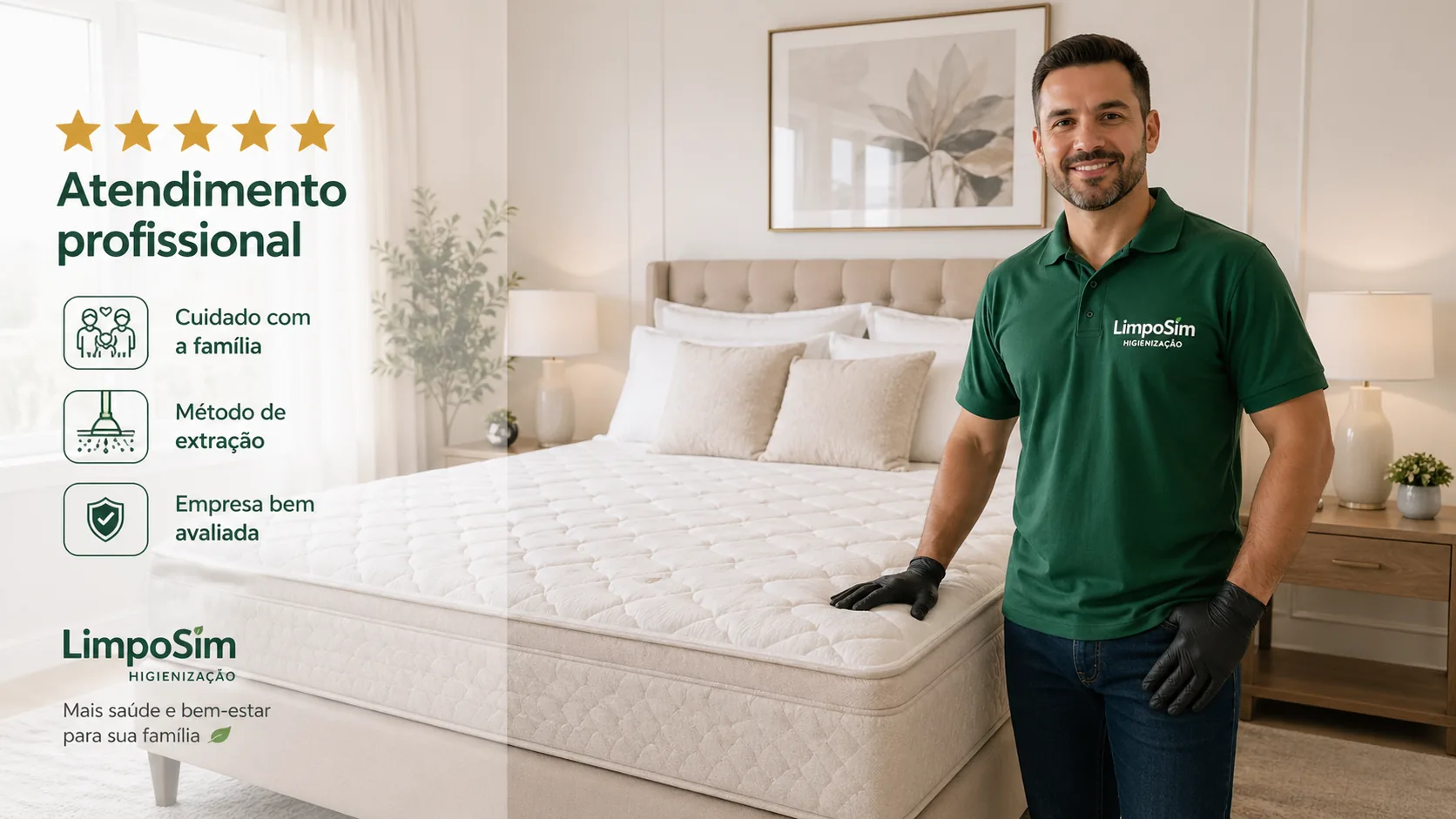 Profissional da LimpoSim em quarto claro ao lado de colchão higienizado.