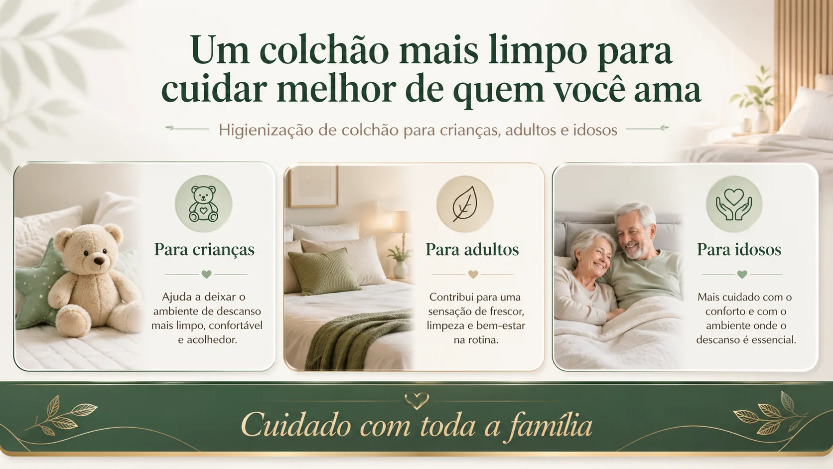 Arte sobre higienização de colchão para crianças, adultos e idosos.