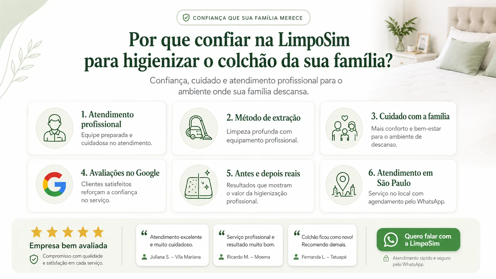 Arte mostrando motivos para confiar na higienização profissional da LimpoSim.